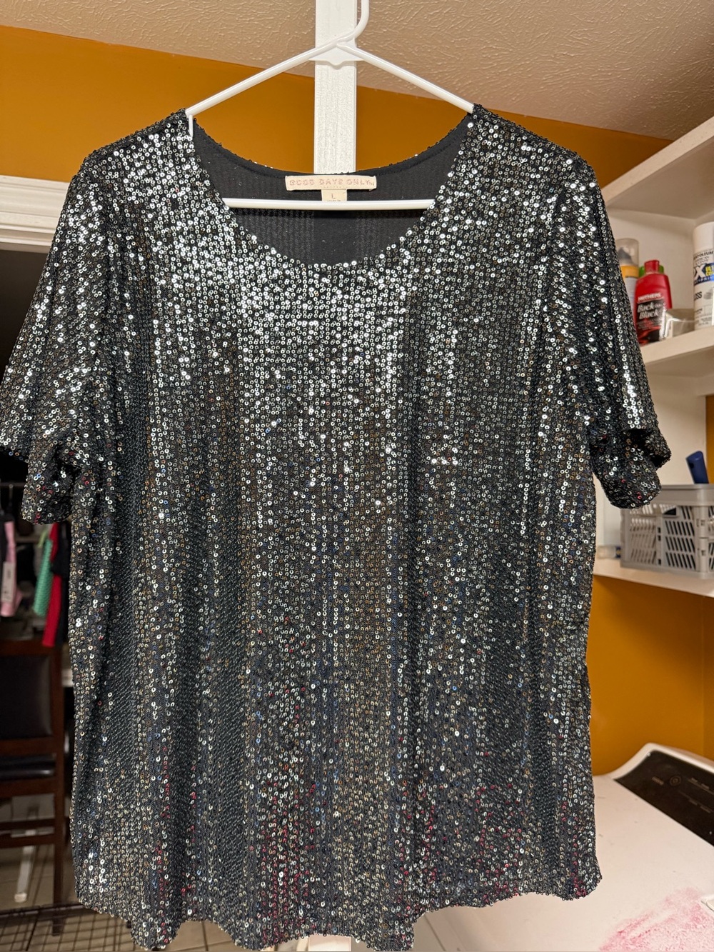 Sequin Short Sleeve Top by — Black